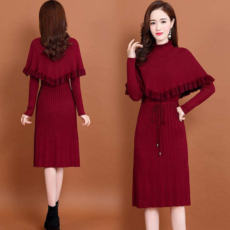 

Casual Dresses Knitted Women' 2021 Autumn And Winter High-necked Dress Mid-length Bottoming Sweater Skirt, Black