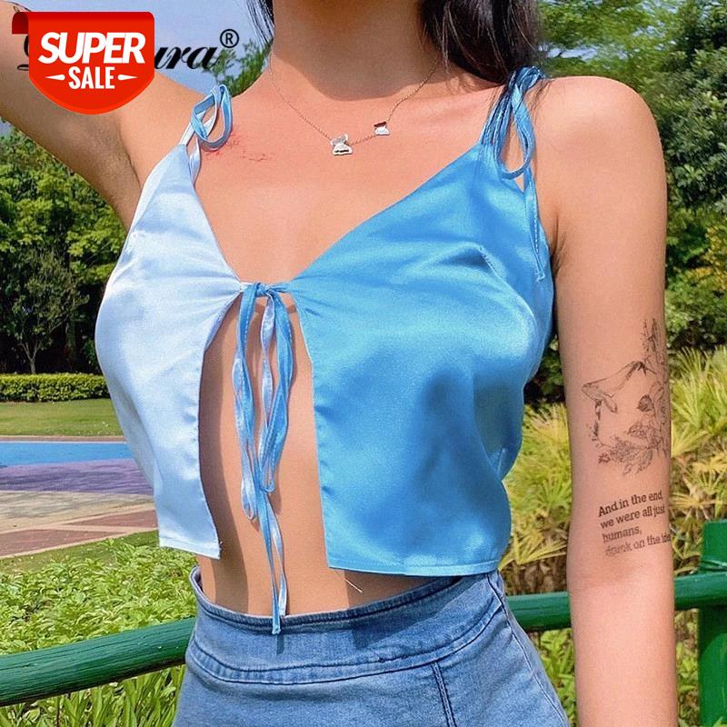 

Dulzura satin lace up cardigan women crop top strap camis sexy patchwork 2020 summer clothes party streetwear clubwear outfit #7q1T, White