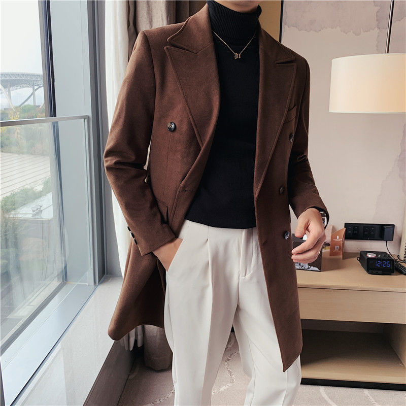 

2021 New Long Men's Slim Fashion Solid Color Double-breasted Men British Style Woolen Coat Mens Overcoat -2xl Br10, Brown