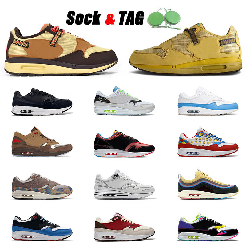 

2021 Air Max 1 Men Women Designer Running Shoes Platform Sneakers Travis Scott Baroque Brown White Red Obsidian Womens Mens Trainers Size 36-45, D26 36-40 og anniversary