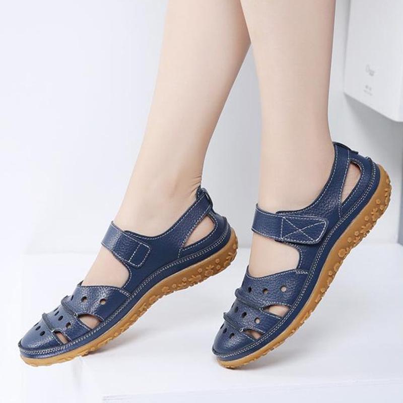 

Women Sandals 2021 Genuine Leather Hollow out Flat Sandals Ladies Casual Soft bottom Summer Shoes Women Beach, Navy blue