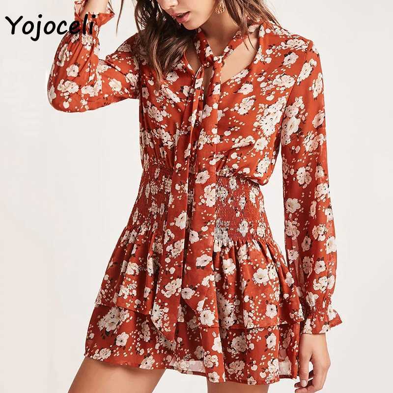 

Yojoceli floral print v neck bow dres spring shirred boho beach mini 210609