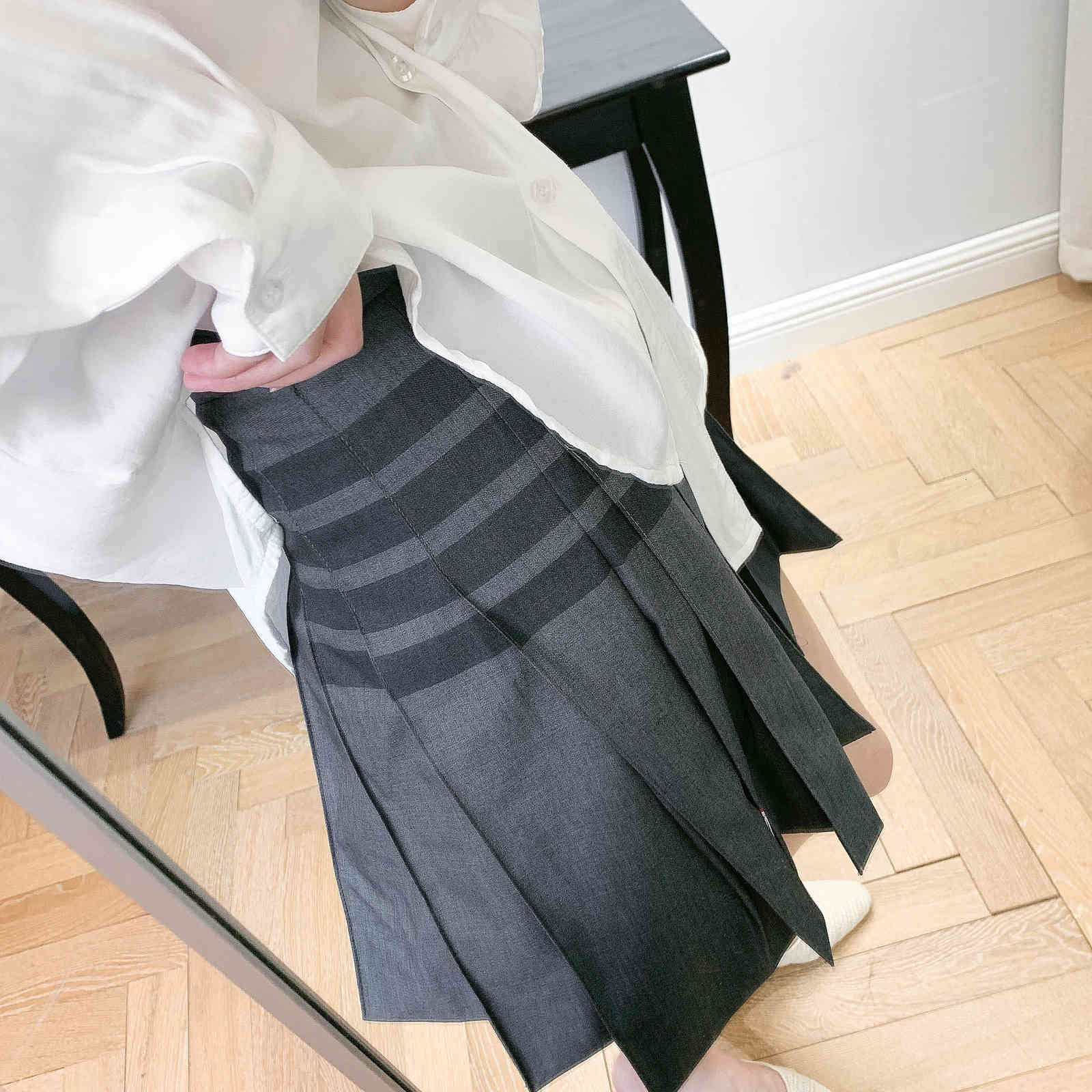 

dress skirt tb style four bar a-line high waist pleated wool half college short women's fashion, Black;gray