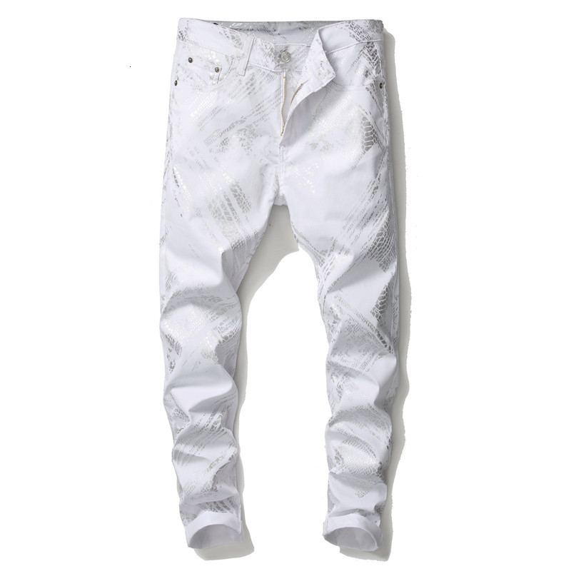

2021 New Men's Male Silver Snake Skin Printed White Jeans Fashion Slim Fit Stretch Denim Pants Trousers P666, Beige