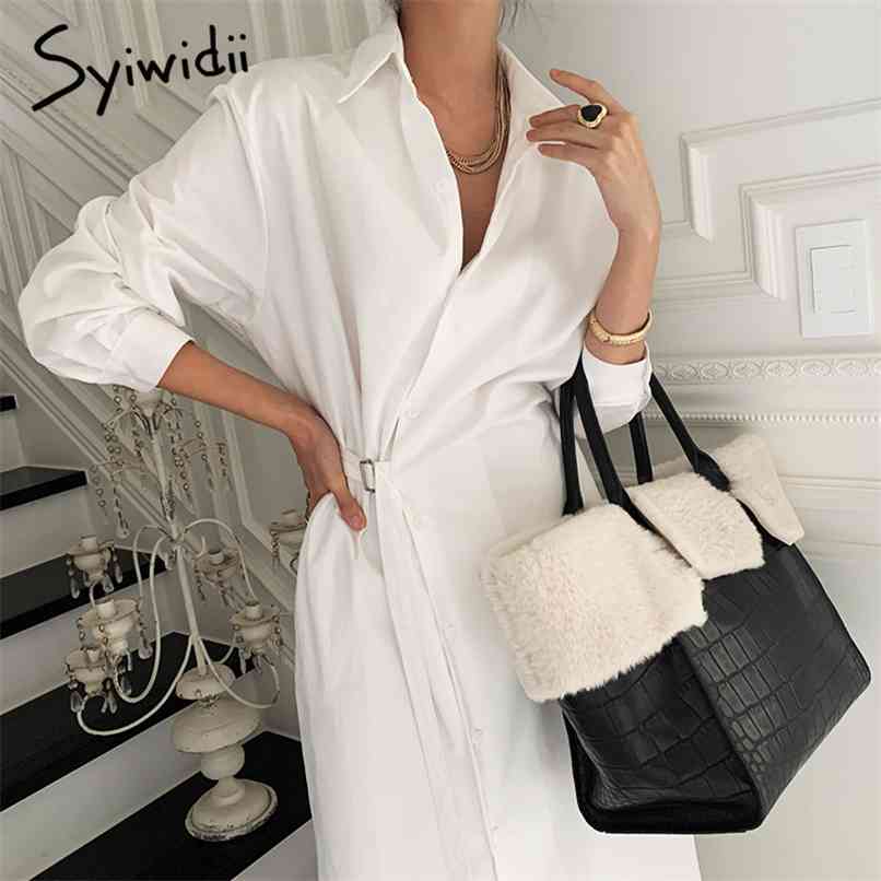 

Shirt Dress with Belt Turn Down Collar Long Sleeve Work for Women Black White Loose Casual es 210607