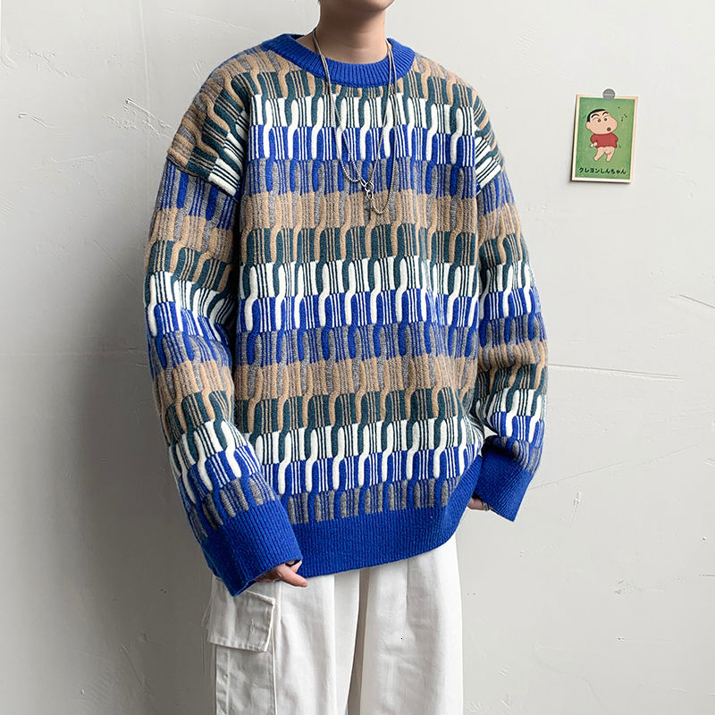 

2021 New Winter Striped Sweater Men's Warm Fashion Retro Casual Knitted Pullover Men Loose Korean Knitting Sweaters Mens Clothes M-2xl Od79, Blue