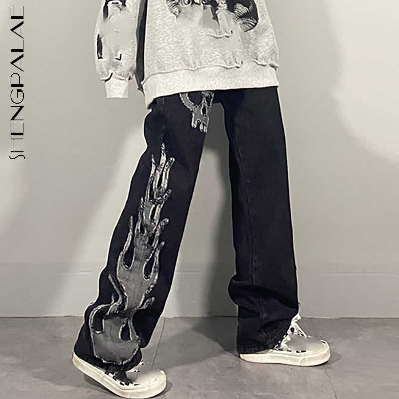 

SHENGPALAE Dark streetwear Wash Jeans Women's Spring High Waist Trendy Straight Tube Wide Leg Skeleton Denim Pants 210616, Black