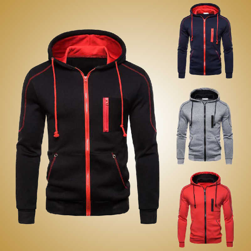 

Hooded Zipper Jacket Men solid Fashion Stand Collar Mens Jacket Coat Slim Fit Rib Sleeve Sportswear Outwear Windbreaker 210603, Cjw098black