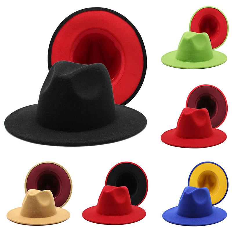 

Wide Brim Hats 2021 Two Tone Fedoras Jazz Cowboy Hat For Women And Men Double-Sided Color Cap Red With Black Wool Bowler Wholesale