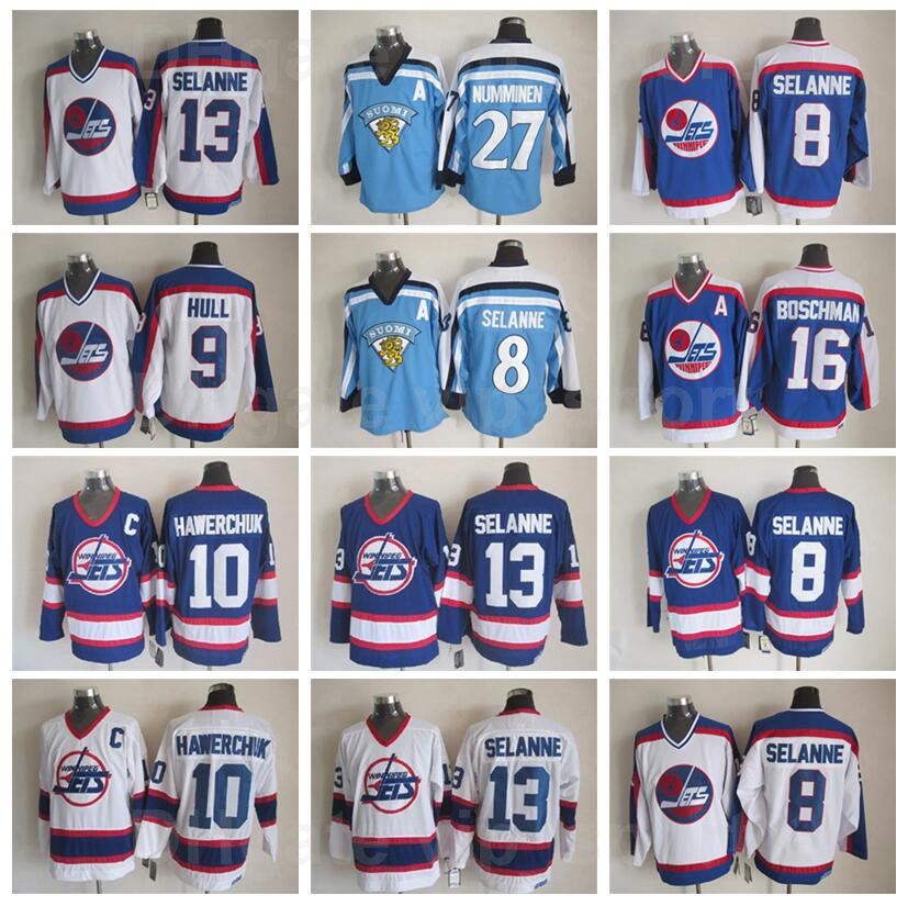 

Retro Winnipeg Jets Vintage Hockey 10 Dale Hawerchuk Jersey 8 Teemu Selanne 27 Teppo Numminen 16 Laurie Boschman 9 Bobby Hull Stitched Blue White Vintage Classic, 8 blue