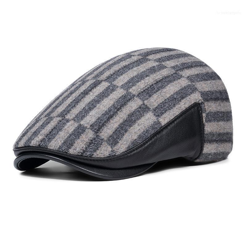 

Berets Winter Sheepskin Woolen Forward Hat Men Fixed Plaid Strip Casual Warm Beret Cap Male Wool Leather Patchwork Cabbie Sboy Boina1, Brown
