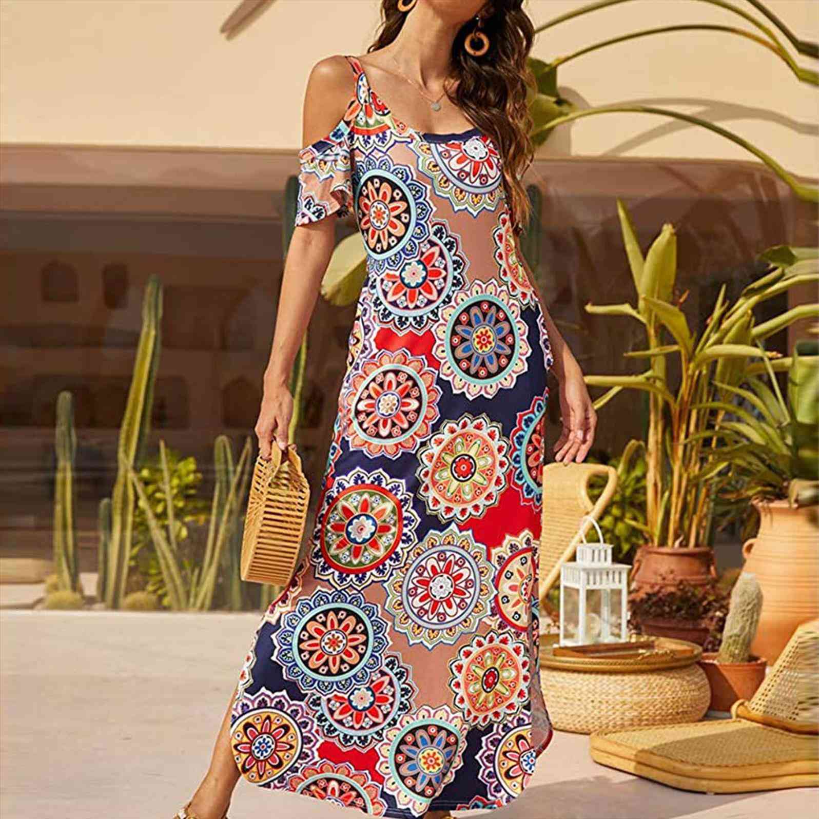 

boho printed strapless women dress o neck long summer printing fashion beach maxi dresses, Black;gray