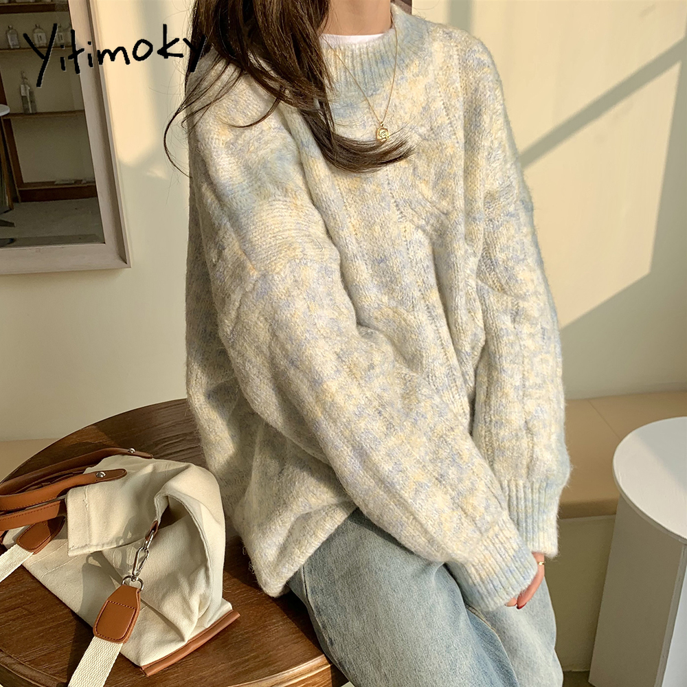 

yitimoky fall sweaters for women pink beige o-neck pullovers vintage thick knitted long sleeve clothes korean style loose top, Black