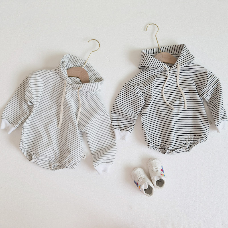 

New 2021 Spring Fashion Children Clothes Newborn Baby Hoodie Bodysuit Infant Boys Girls Hooded Striped Jumsuit Cute Babywear Dbww, Gray