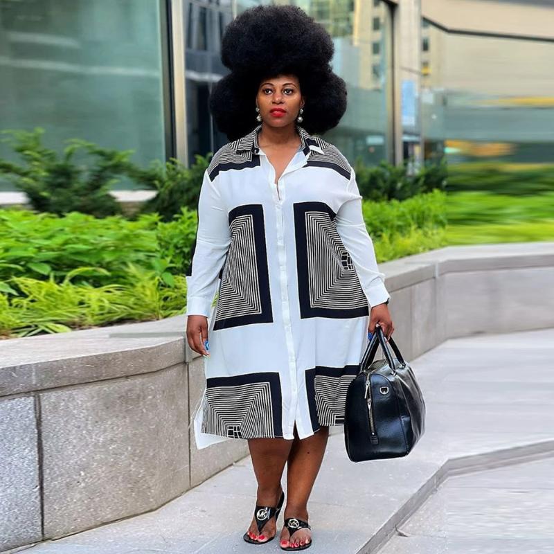 

Plus Size Dresses ZJFZML ZZ Women Clothing Dress Black White Striped Print Long Sleeve Loose Shirt Blouse Robe Drop Wholesale