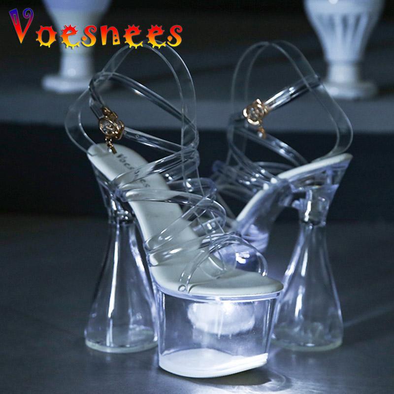 

Sandals 2022 Transparent Light Up Glowing Sandal Fashion Clear Heel Light-emitting Platform Buckle Strap Super High Women Shoes, As picture shown