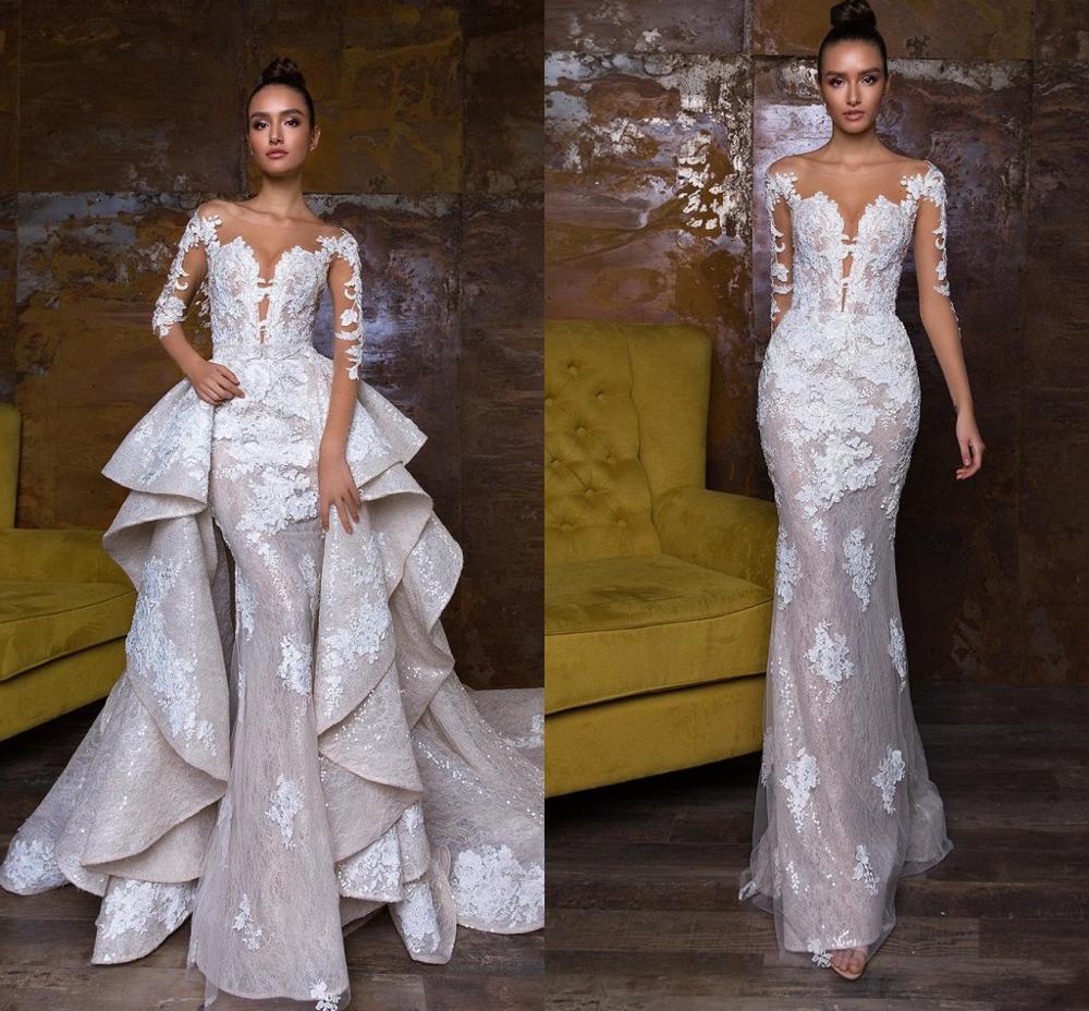 

2021 New Es with Detachable Train Lace Applique Sequins Long Sleeve Bridal Luxury Mermaid Wedding Gowns Uch5, White