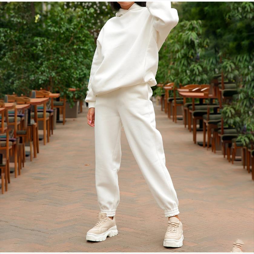 

two pieces set fleece oversized womenpant solid tracksuit long sleeve pockets hooded sport pants casual winter, White