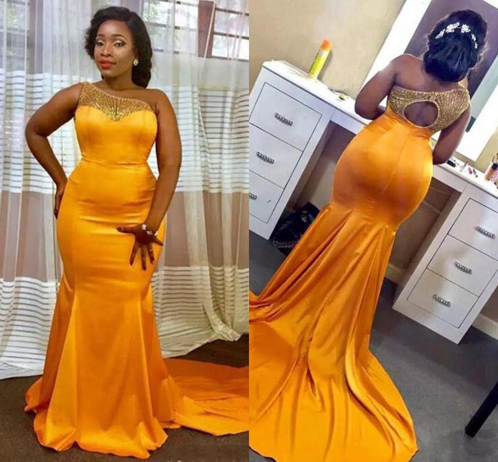 

2021 New Gold Plus Size Mermaid Prom Es One Shoulder Hollow Back Beads Long Formal Evening Party Gowns Special Occasion Wear Yeup