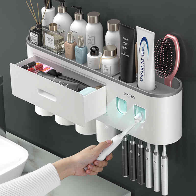 

Magnetic Adsorption Inverted Toothbrush Holder Double Automatic Toothpaste Squeezer Dispenser Storage Rack Bathroom Accessories