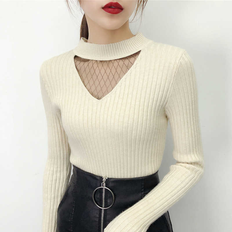

Sweater For Women Tops Fashion Autumn Pullover Sexy Hollow Mesh V-neck Knitted C43 210602, Apricot