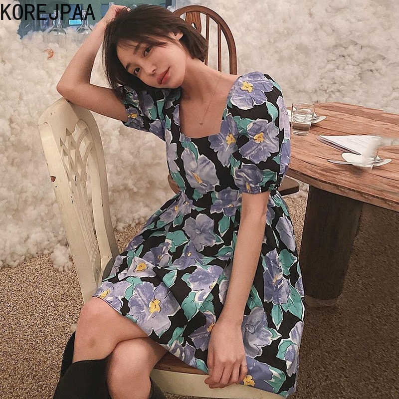 

Korejpaa Women Mini Dress Summer Korean French Retro Sexy Elegant Big Flower Square Collar Loose Puff Sleeve Short Vestido 210526, Picture color