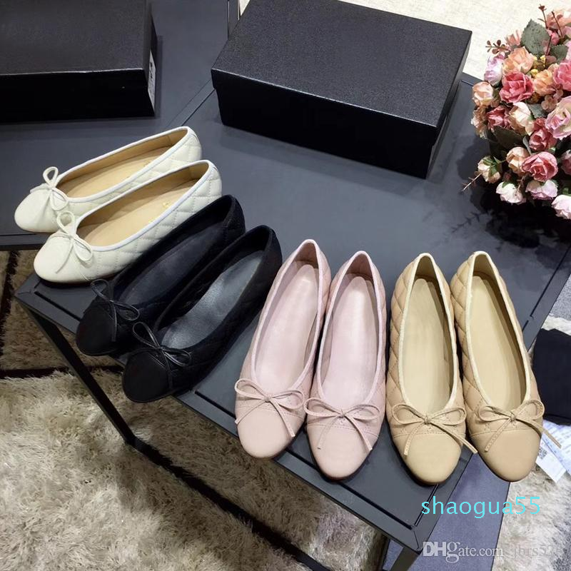 

2021 Dress shoes Designer Genuine soft Leather Rhombic Ladies Bow Shoes luxury Letter Classic woman Sheepskin Flat boat shoes, Extra insoles