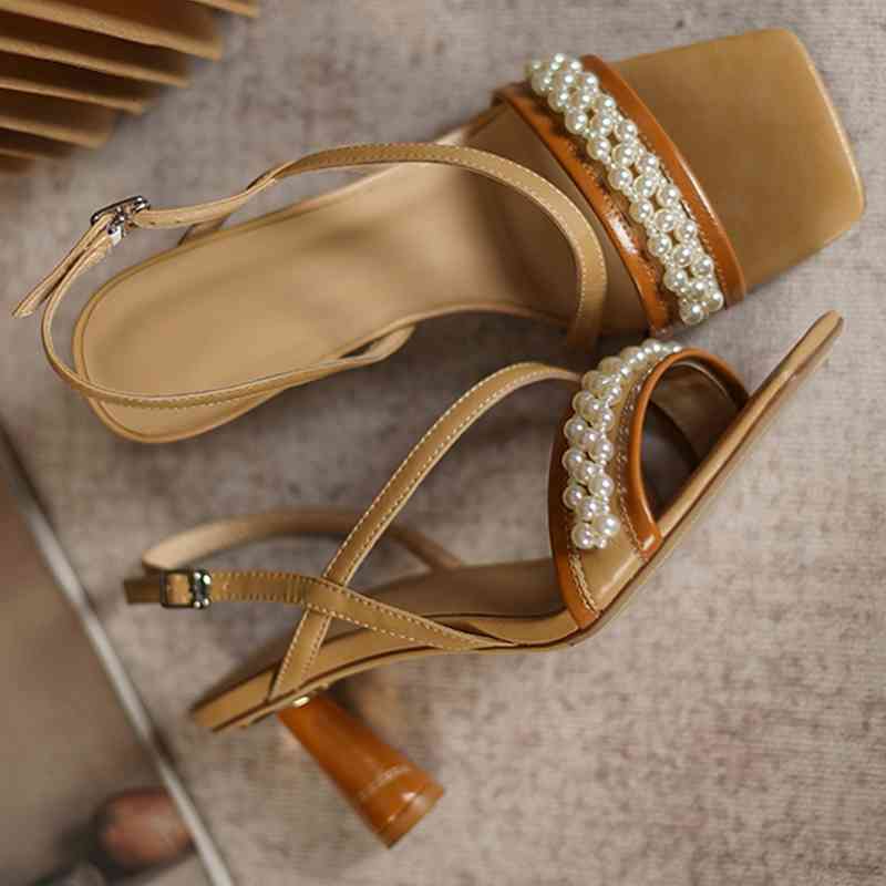 

sandals of ladies leather sandals summer shoes 22-24.5cm round in high heels pearl chain decoration women's fashionable kl1b, Black