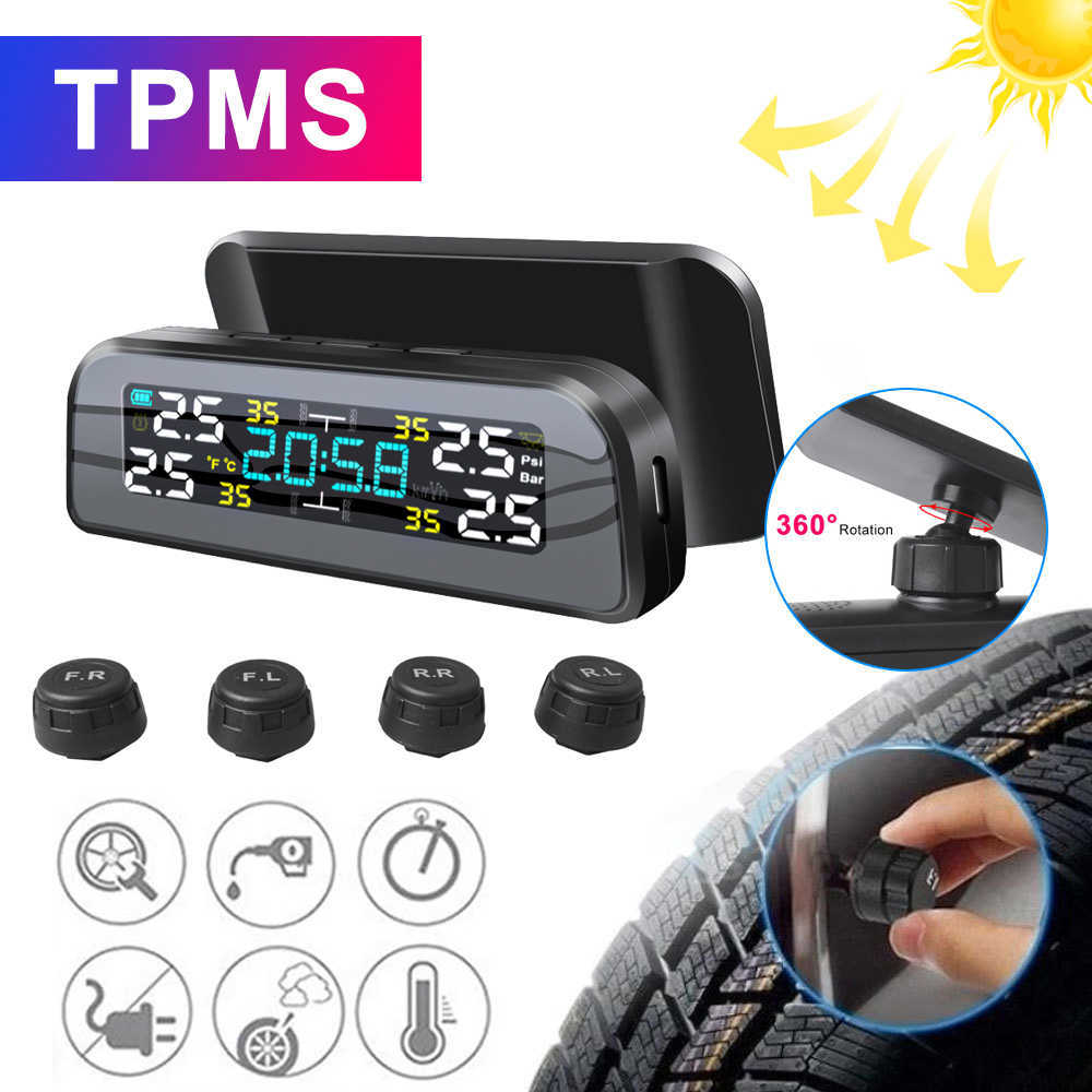 

TPMS Solar Power Car Tire Pressure Alarm Monitor Auto Security System Tyre Temperature Warning 360 Adjustable