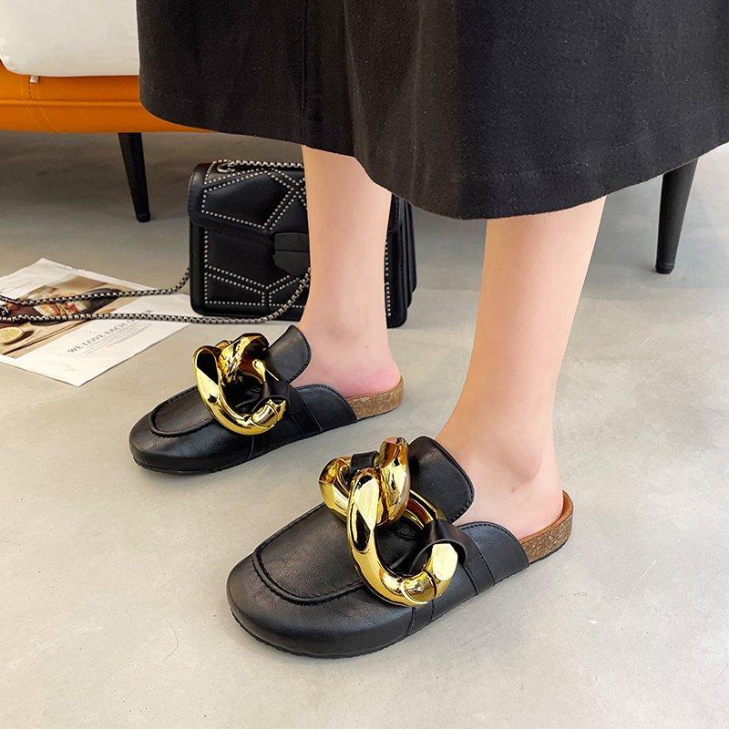 

Slippers Brand Design Gold Chain Summer Women Slipper Closed Toe Slip On Mules Shoes Round Low Heels Casual Slides Flip Flop, White
