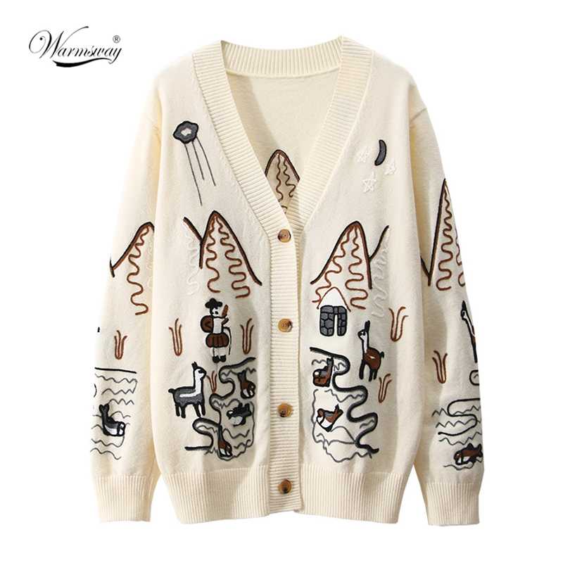 

Spring High Quality Fashion Embroidery V-Neck Oversized Cardigan Long Sleeve Single Breasted Button Knitted Sweater C-092 211018, Beige cardigan
