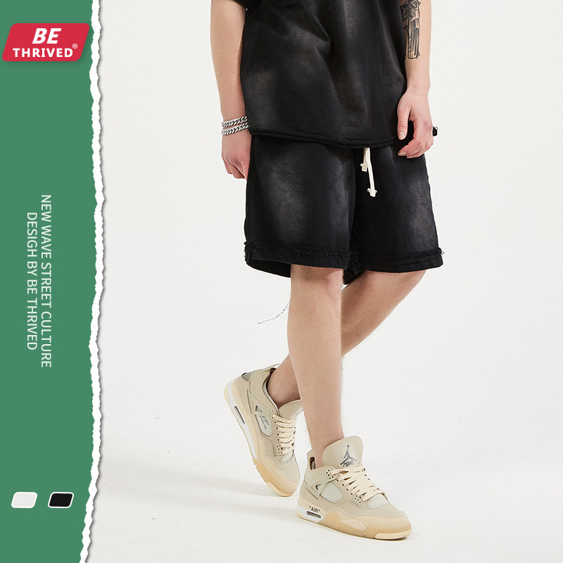 

be men's wear | 2021 summer new worn-out three-dimensional embossed spray dyed shorts, Black