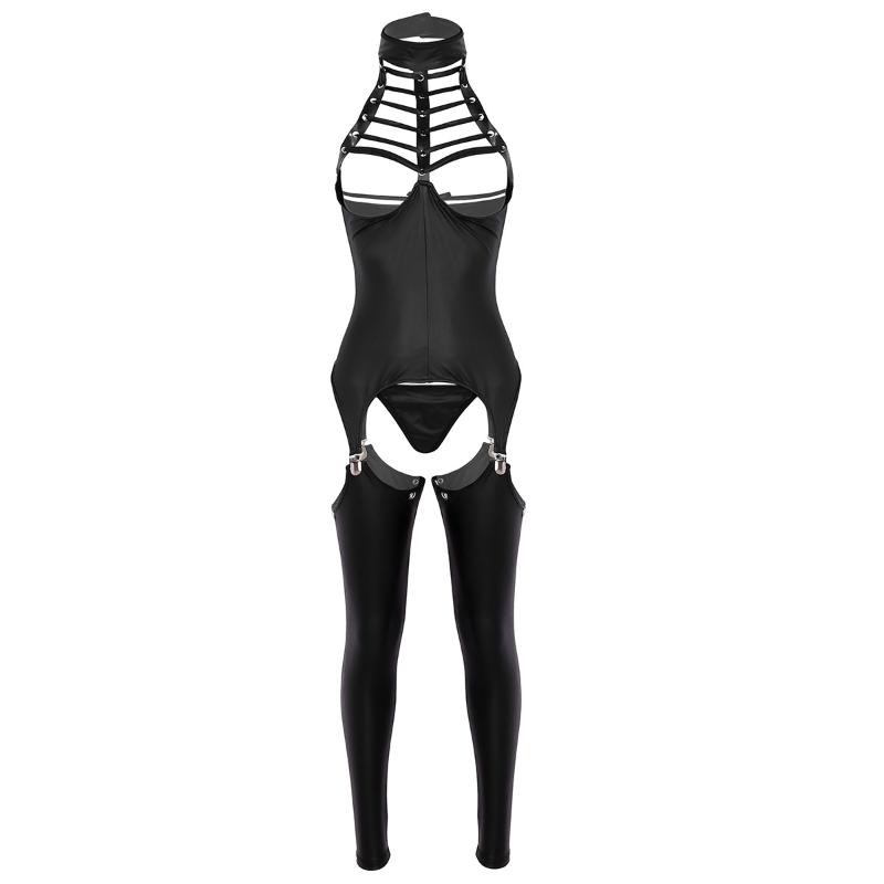 

Bras Sets 3Pcs Women Open Crotch Lingerie Set Halter Neck Bust Bra Crotchless Patent Leather Erotic Sexy Suit Cosplay Bodysuit Outfit, Black