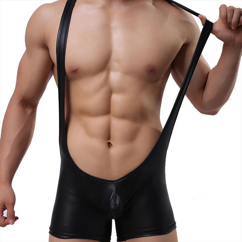 

men faux leather pu undershirt wrestling one piece singlet tank jumpsuit underwear straps bodysuit, White;black