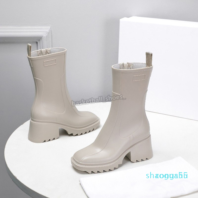newest women designer betty rubber rain boots block heel sleek square toe pvc leather boot style woman shoes size 35-40