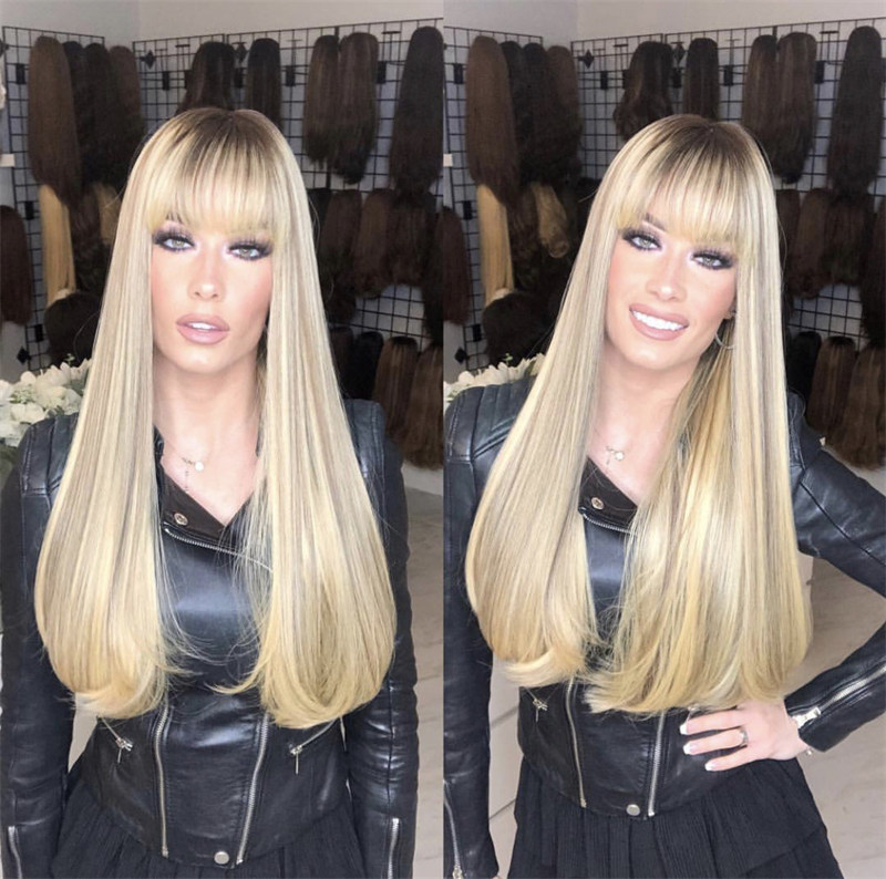 

26~28 inches Straight Synthetic Wig With Bangs Ombre Blonde Color Simulation Human Remy Hair Wigs perruques de cheveux humains C599, A003