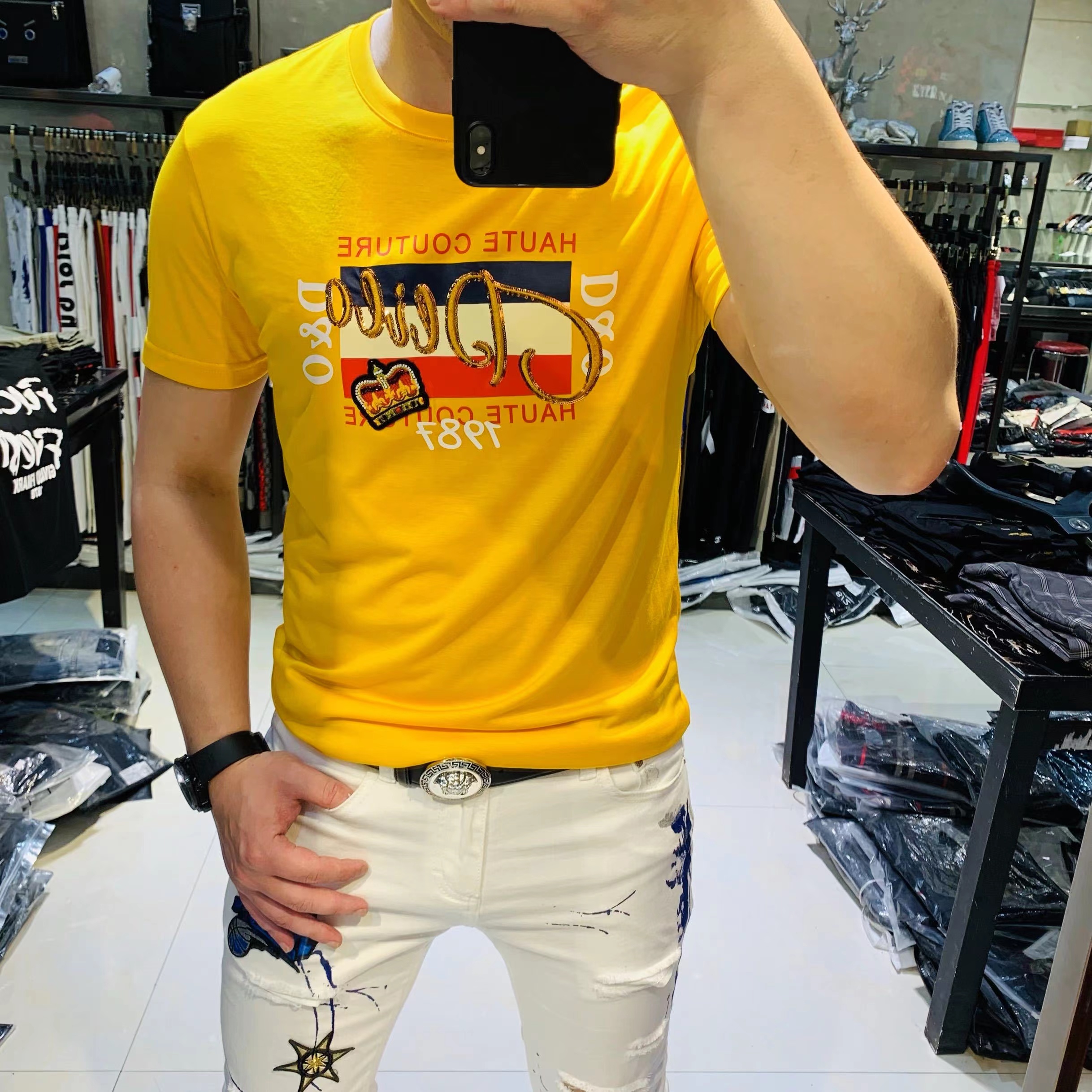 

2022 Summer Mens T-shirts Men Casual Embroidery Mercerized Cotton Short-sleeved Mrhome Brand High Quality O-neck Fashion Plus Size Colorful Top, Yellow