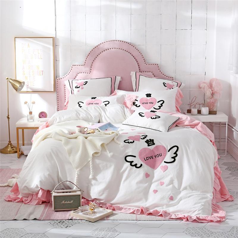 

100% Washed Cotton Cute Cartoon Ruffles Bedding Set Embroidered Duvet Cover Sets Bed Sheet Pillowcases Twin  Size 4pcs