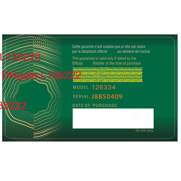 

High Quality Green Security Warranty Cards Plastic Watch Travel Boxes Card 3D Custom Print Model Serial Number Engraving Price Tags For Rolex Watches