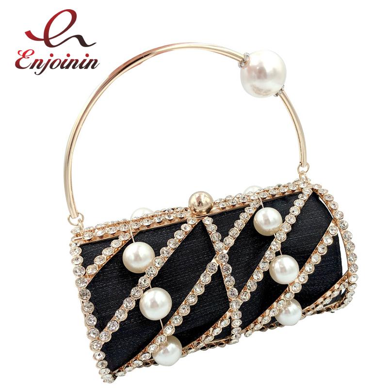 

Luxury Diamond Party Evening Clutch Bag for Women Pearl Rhinestone Designer Bag Hollow Out Purses and Handbags Wedding Cage, Black
