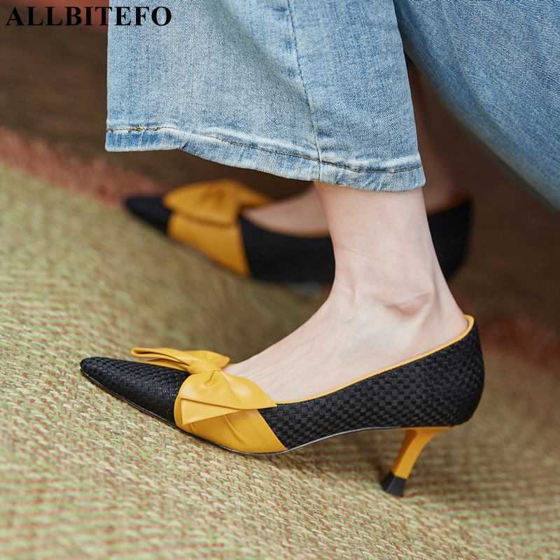 

ALLBITEFO bowknot design Woven material fashion sheepskin insole high heels women pumps pointed toe high heel shoes women heels 210611, As picture
