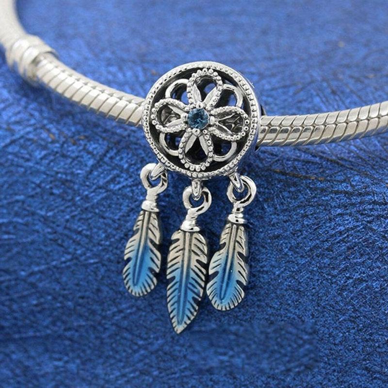

100% 925 Sterling Silver Blue Dreamcatcher Charm Bead Fits European Style Jewelry Charm Bracelets