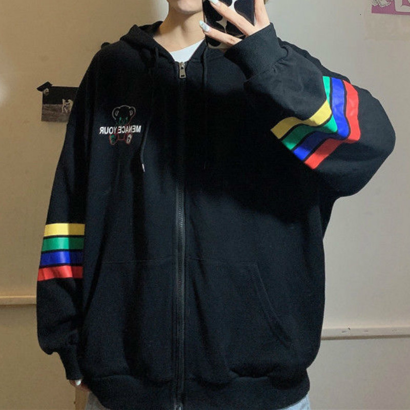 

New Deeptown Style Women 2021 Spring Raiow Print Zip Up Hoodie Long Sleeve Fashion Tops Casual Sweatshirt Gjkc, Green