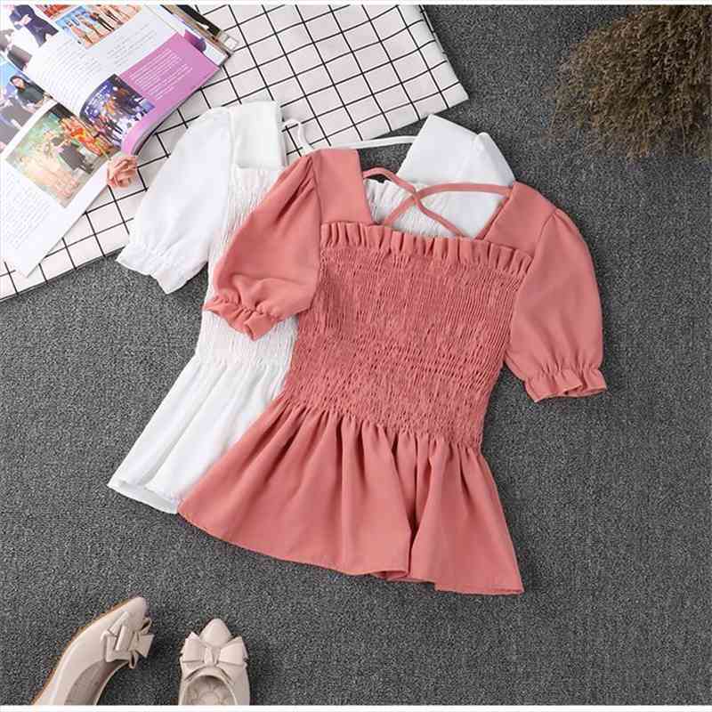 

Women Summer Ruffles Blouse Sexy Tie Chiffon Blouses Female Slim Solid Bottoming Short Sleeve Shirts Short Tops Ab1371, White