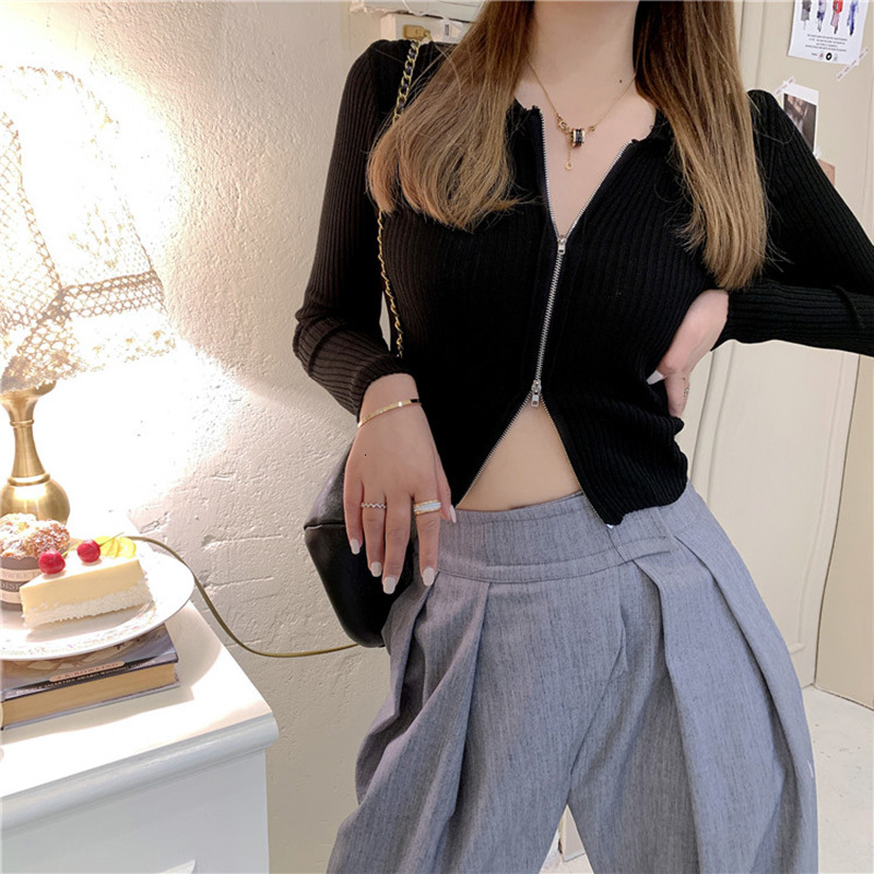 

2021 New Spring Autumn V-neck Ribbed Knitted Cardigan Casual Black Sweater Zipper Long Sleeve Women Cardigans Female Slim Short Tops J4rn