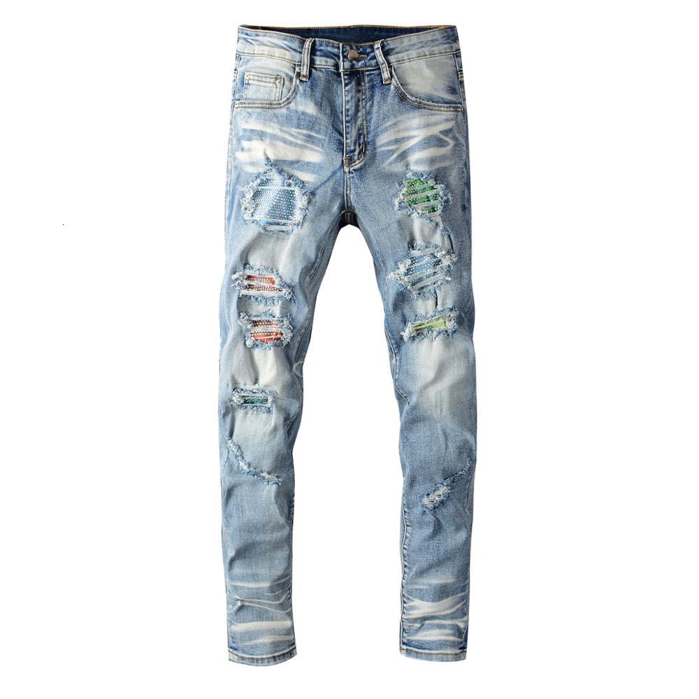 

2021 New Men's Male Trousers High Street Fashion Casual Brand Light-colored Ripped Patch Jeans Young Stretch Slim Denim Pants Xync, Sky blue