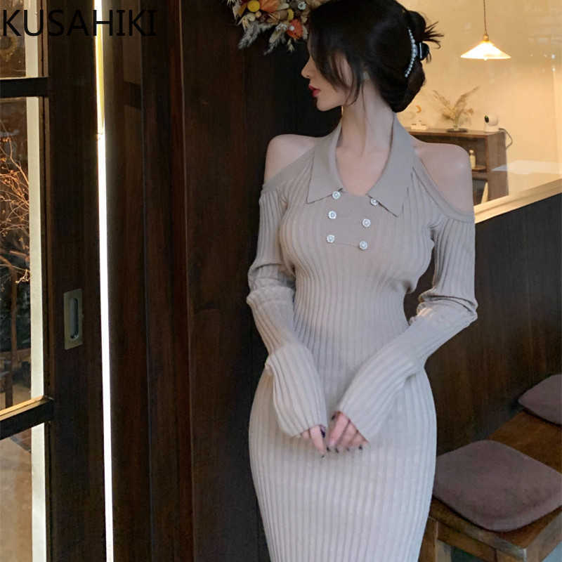 

KUSAHIKI Halter Knitted Dresses Long Sleeve Strapless Sexy Women Sweater Dress Spring Stretch Slim Bodycorn Vestidos 6E779 210602, Beige