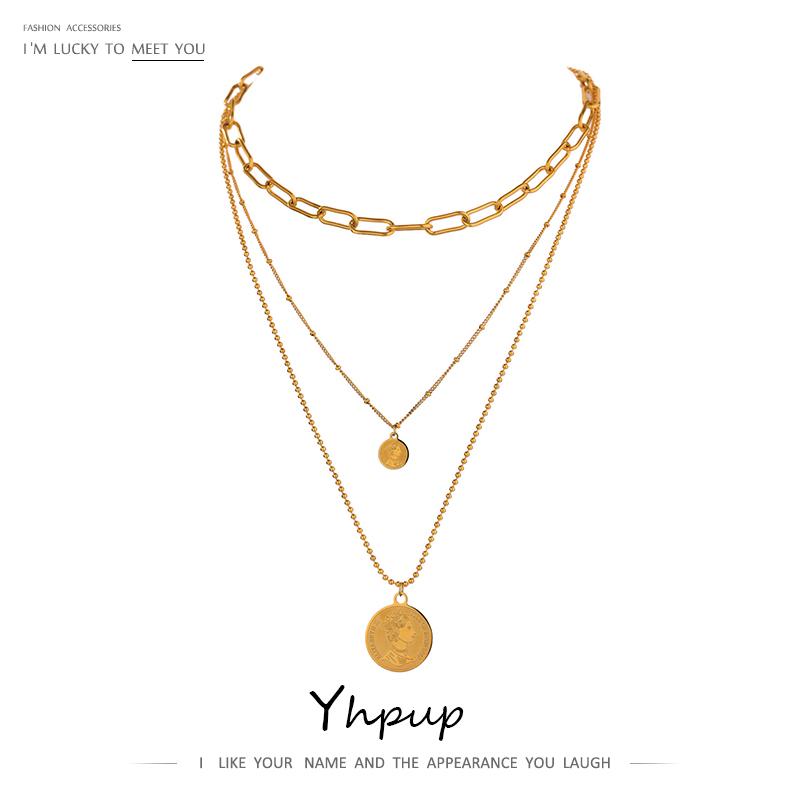 

Hoop & Huggie Yhpup 18 K Stainless Steel Necklace Women Jewelry Trendy Coin Portrait Layered Pendant Chain Choker Accessories