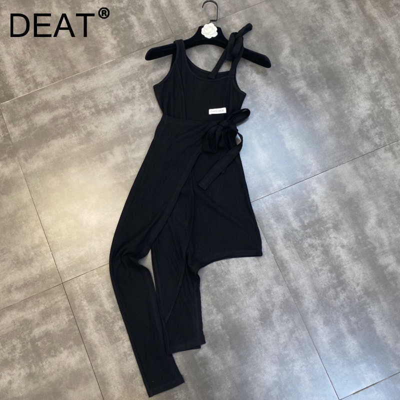 

DEAT Women Asymmetrical Sling Split Dress Sleeveless Arrivals Lady Temperament Fashion Spring Summer 11D1258 210709, Black