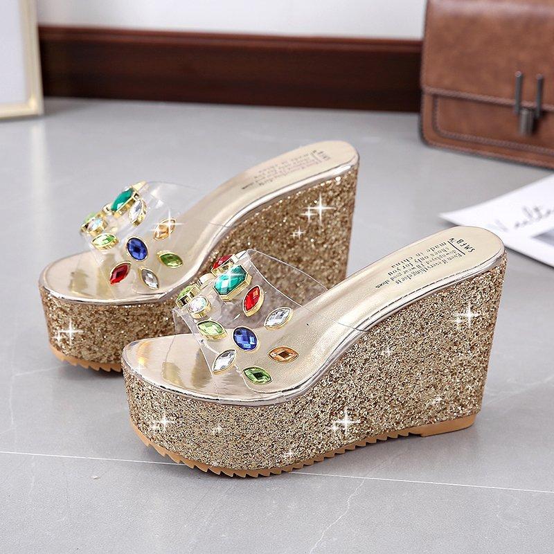 

2021 Women Slides 11cm High Heels Mules Summer Female Sandals Lady Platform Wedges Heels Slippers Glitter Sequins Party Shoes, Silver